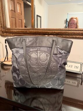 Coach Gray Signature Circle Tote with Leather Trim